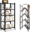 5 Tier Folding Shelf with Wheels, Wood and Metal Bookshelf | No Assembly Foldable Storage Shelves, Vintage Storage Rack for Living Room, Bedroom, and Home Office by YUANJIMI