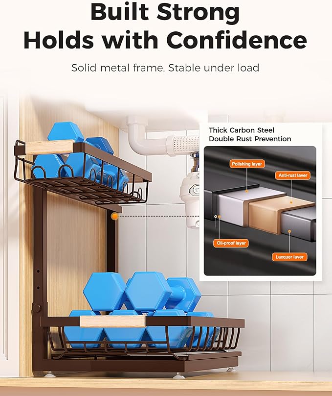 2-Pack 2-Tier Height Adjustable Under Sink Organizer & Storage (Brown) - Image 6