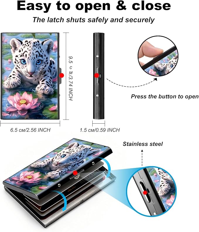 Metal Wallet,Credit Card Holder for Women,Slim RFID Blocking Credit Card Holder Thin Aluminum Wallet ID Case,6 Slot Business Mini Hard Metal Case for Women/Men,Cute Leopard Lotus - Image 5