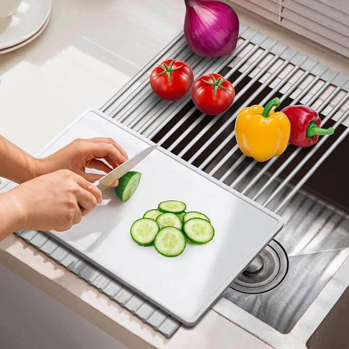 HANZENMA Roll Up Dish Drying Rack Over The Sink Kitchen Roll Up Sink Drying Rack Multipurpose Foldable Sink Drying Mat, Heat-Resistant, Anti-Slip & Anti-Rust Dish Rack for Kitchen, 20.5" x 13", Grey - Image 4