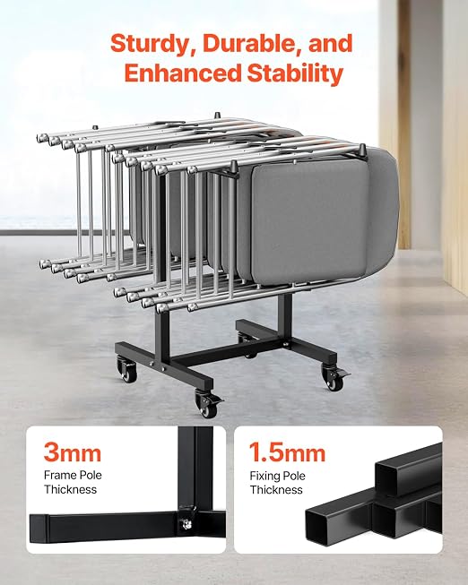 VEVOR Folding Chair Rack, 200 LBS Capacity, T-Shape Chair Cart for 14 Chairs, Heavy-Duty Metal Chair Storage Dolly with Rubber Wheels, Multi-Function Chair Holder for Party Event,Hotel, Matte Black - Image 3