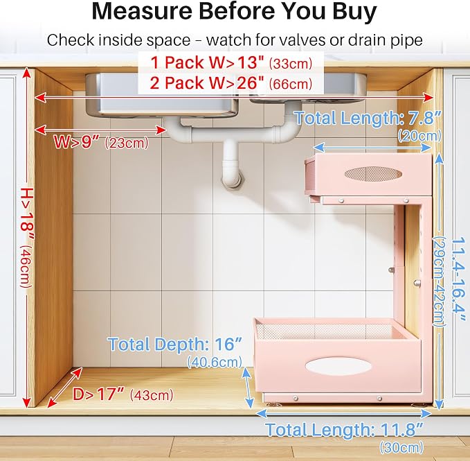 Under Sink Organizer, 2 Pack 2 Tier Pull Out Under Cabinet Organizer Shelf with Pad for Framed Cabinets, Metal Slide Out Under Sink Storage, Mesh Sliding Drawers for Kitchen Bathroom Laundry, Pink - Image 2