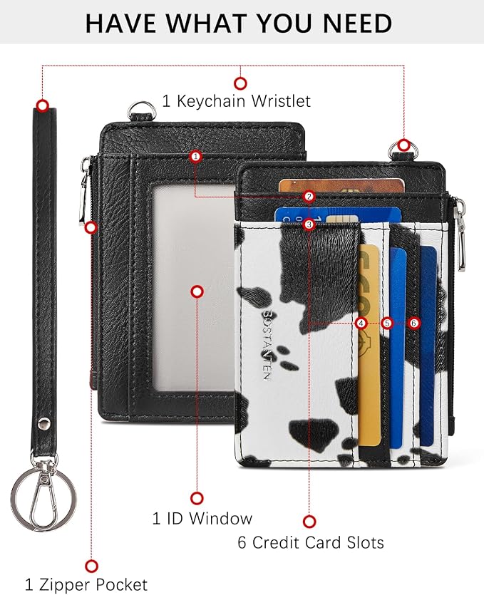 BOSTANTEN Credit Card Holder RFID Small Wallet for Women with Keychain | Slim, Wristlet, Zipper Coin Pocket, Pocket-Friendly, Vegan Leather, Minimalist, Gifts, Cow Print - Image 2