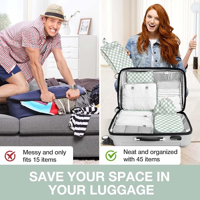 8 Set Packing Cubes for Suitcases,Suitcase Organizer with Shoe,Cosmetics,Clothing, and Accessories Bags for Travel Luggage Organizer Women Men(Green Checkered) - Image 6
