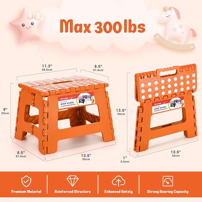 Folding Step Stool 9 Inch for Kids and Adults, 300 lbs, Orange | Lightweight Plastic Small Foldable Step Stool with Handle, Non-Slip, for Kitchen, Bathroom, Bedroom and Closet - Image 4