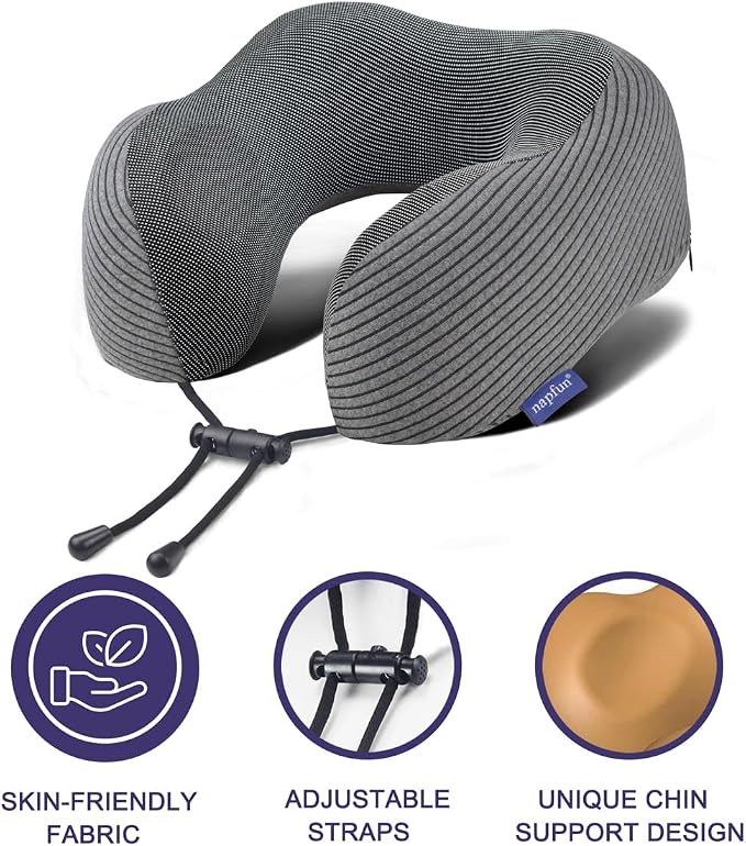 napfun Neck Pillow for Travel with Travel Pouch, Sleep Mask & Earplugs, Memory Foam Airplane Pillow for Headrest Sleep with Eyeshades, Plane Essentials with Eye Blindfold, Dark Gray Striped Kit - Image 3