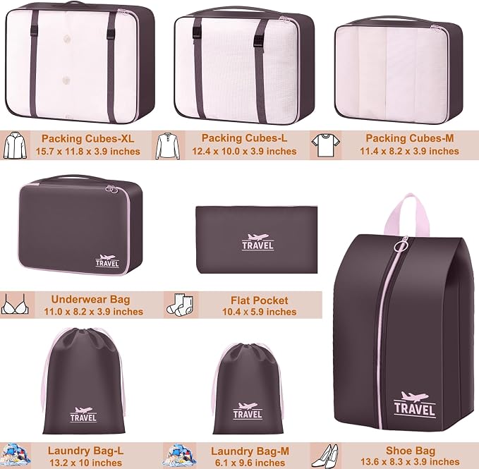 Packing Cubes for Travel - 8 Set Luggage Organizer Bags for Family, Mesh Breathable Packing Cubes for Suitcases Durable Travel Essentials Bags Set (Upgrade-Brown) - Image 2