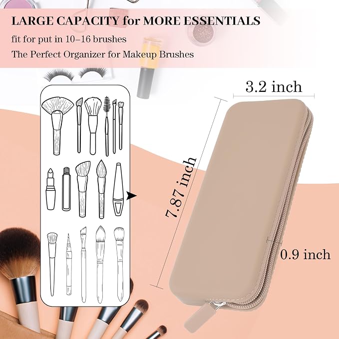 Travel Makeup Brush Holder, Silicone Makeup Brush Bag with Zipper Closure, Makeup Brushes Organizer Case Washable Makeup Pouch Holder Case for Daily, Work, Essentials（Khaki） - Image 3