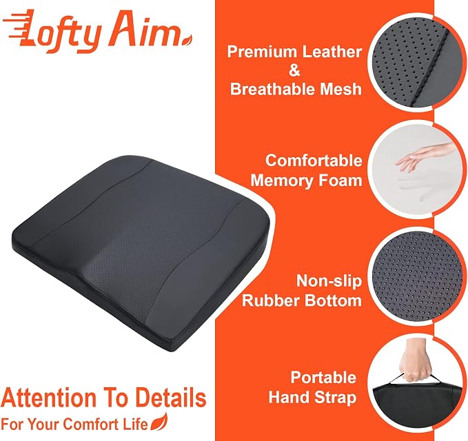 Lofty Aim Car Seat Cushion, Memory Foam Car Seat Cushions for Long Driving | Comfy Car Seat Pillow for Pain Relief, Driver Seat Cushion Adds Height, Butt Cushion for Car, Office Chair, PU Leather Black - Image 4