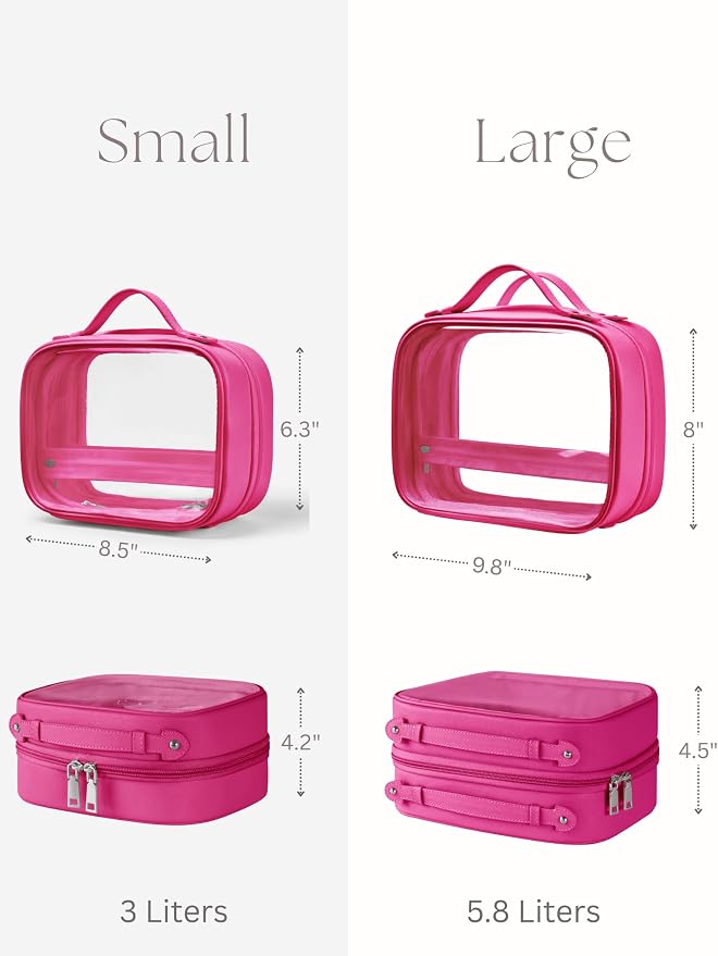 Clear Cosmetic Bag Double Layer Travel Toiletry Bag Clear Makeup Bag Case with 4 Compartments, Transparent Travel Bag for Toiletries, Large Toiletry Bag for Women Cosmetic Case (Hot Pink, Small) - Image 4