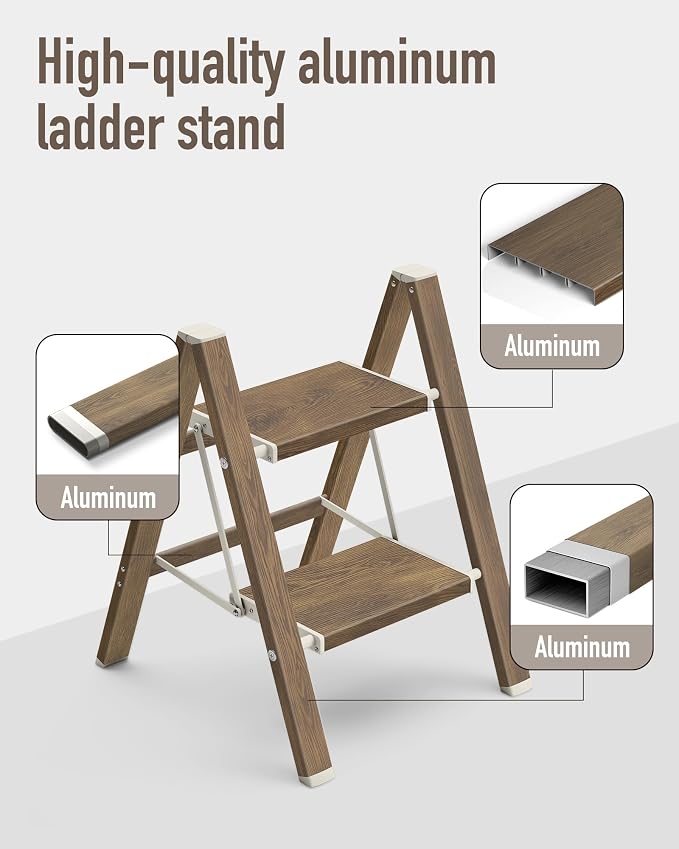 Mayi Plus 2 Step Stool Foldable, Aluminum, Lightweight Step Ladder | Extra-wide anti-slip folding steps with 330 lbs, for home,kitchen,office,outdoor,Cherry woodgrain - Image 2