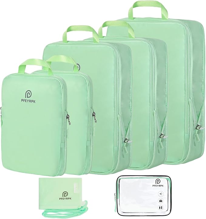 PFEYRPK Lightweight Compression Packing Cubes for Suitcases, Compressible Expandable Travel Packing Organizer with Clear Toiletries and Backpack Bag, Travel Essentials for Carry on Luggage 7 Set by PFEYRPK