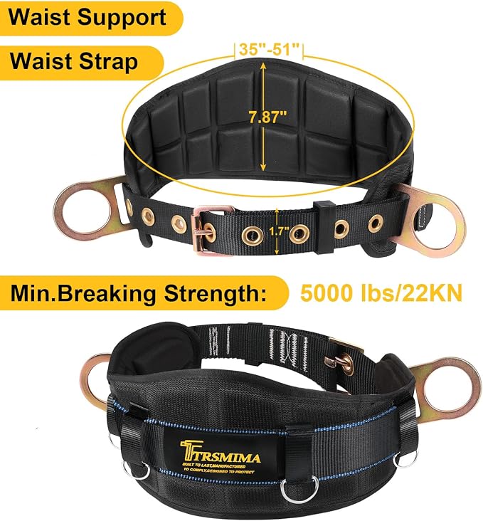 TRSMIMA Safety Harness Climbing Belt - Black Body Fall Protection Men Roof Tree Work Waist-Tongue Buckle Pad D-Ring - Image 3