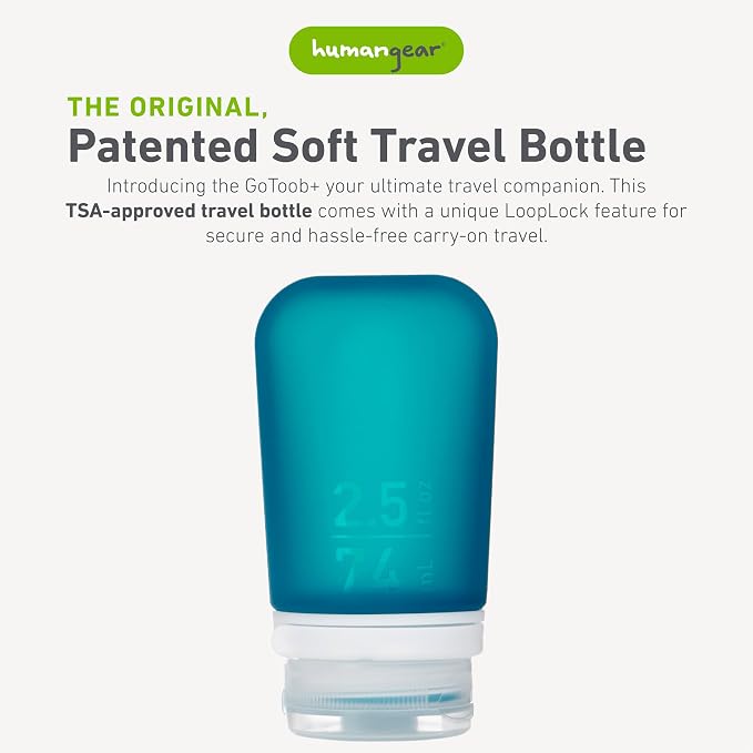 humangear GoToob+ (Medium) | Refillable Silicone Travel Bottle | Locking Lid | Food-Safe Material | Teal, Medium (2.5 fl.oz.; 74ml) | Refillable & Leak-Proof Silicone Travel Size Bottles with Locking Cap for Toiletries, Camping & TSA Carry-On - Image 2