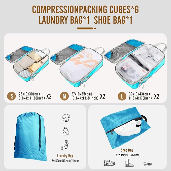 8 Set Compression Packing Cubes for Travel, Expandable Luggage Organizer with Shoe Bag & Laundry Bag - Lightweight Suitcase & Backpack Travel Essentials (Sky Blue) - Image 2