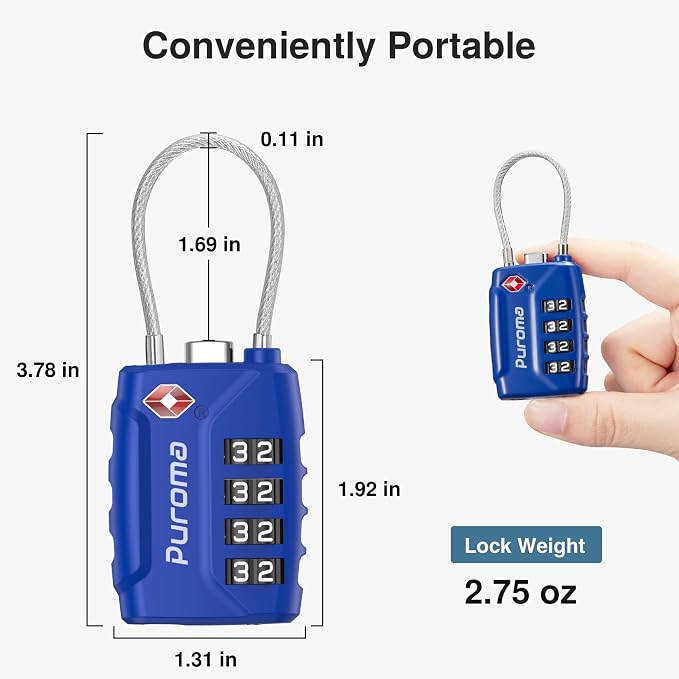 Puroma 2 Pack TSA Approved Luggage Locks 4 Digit Code Cable Lock Blue | Resettable, Flexible Cable, Zipper holes, Zinc Alloy, Bright Color, Large White Numbers, Suitcase Train Travel, laptop bag - Image 3