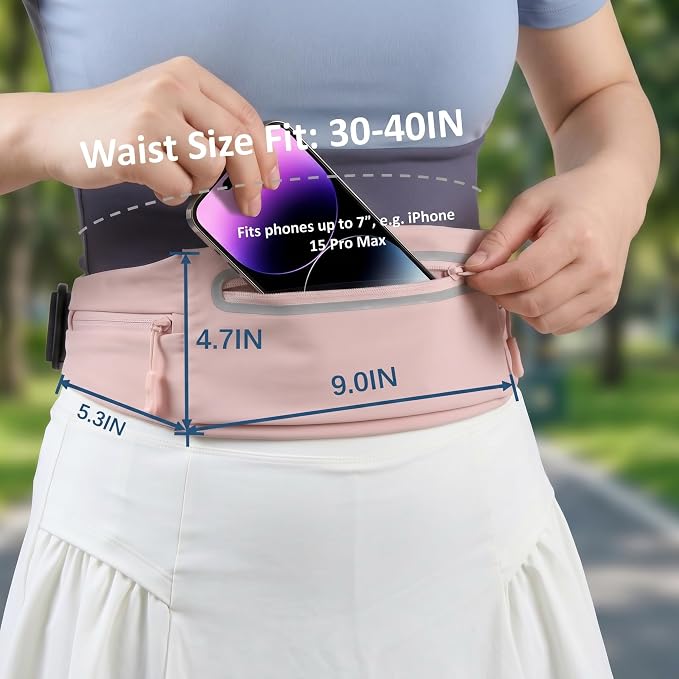 Running Belt for Women Men, Slim No-Bounce Waist Pack, Water Resistant Reflective Phone Holder Fits Phones up to 7.5 inch, Adjustable Fanny Pack for Running Jogging Hiking (Pink) - Image 7