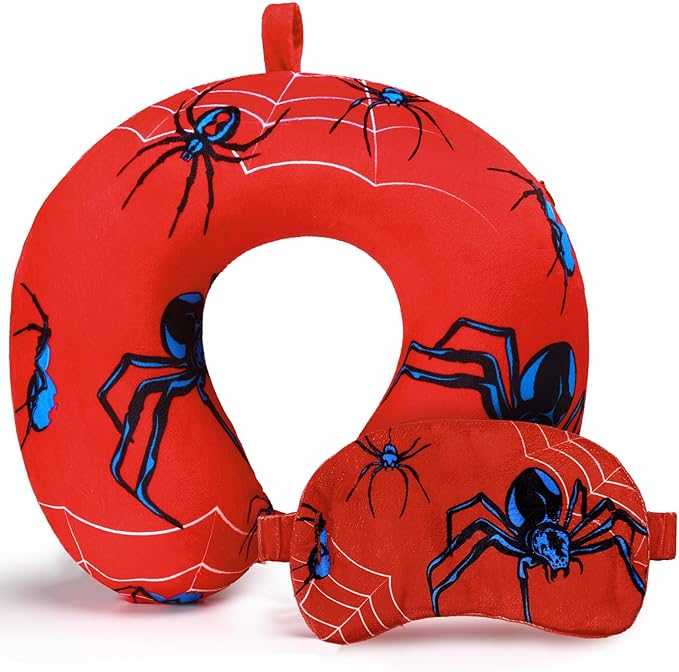 Gilprop 2 Pcs Spider Travel Pillow with Sleep Eye Mask, U Shaped Memory Foam Headrest & Neck Pillow with Washable Cover, Soft Neck Head Support Travel Accessories for Airplane Car Train Bus Trips by Gilprop