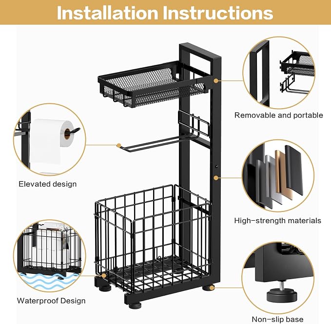 Freestanding Toilet Paper Holder Stand with Storage Shelf, Black | Sturdy Multi-tier Metal Stand with Large Foldable Basket. Versatile for Bathroom, Kitchen, Living Room. Adjustable Organizer - Image 4