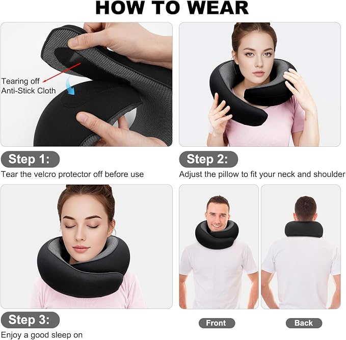 Travel Neck Pillow for Airplane - 100% Memory Foam 360° Ergonomic Support - Adjustable Velcro, Washable Velvet Cover & Compact Storage Case - Flight Essentials for Sleeping (Black) - Image 6