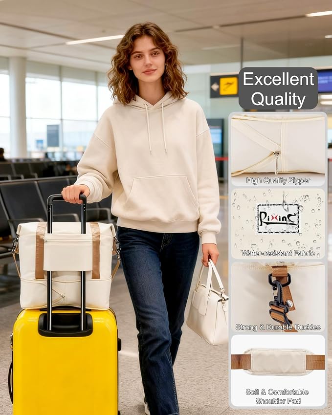 Foldable Travel Duffel Bag for Women, Beige | 40L Expandable Water-Resistant Carry on Bag, Personal Item Travel Bag Flight Approved with Wet Pocket for Gym Travel, Nylon - Image 6