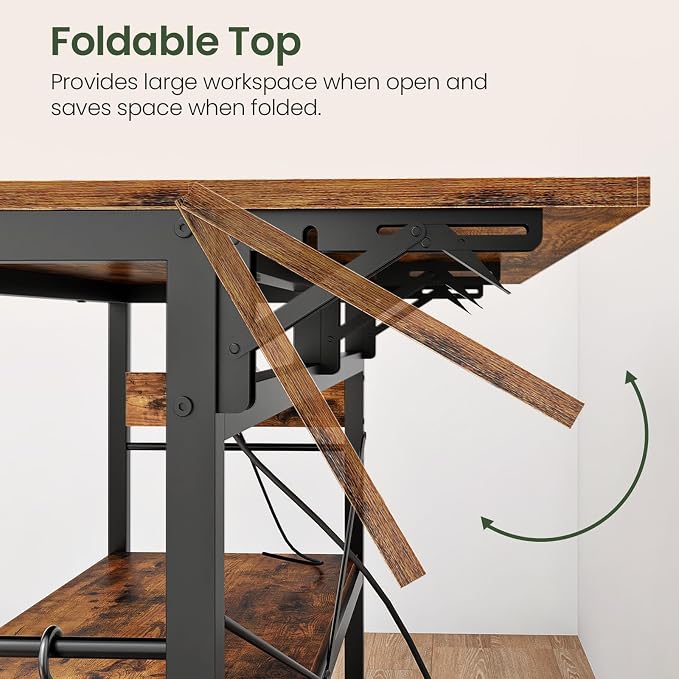 Kitchen Island with Power Outlet and Folding Top, Movable with 3-Tier Storage, Large Size, Wooden Shelves and Wine Rack, for Kitchen, Dining and Living Room, Rustic Brown and Black TZD02UBF - Image 5
