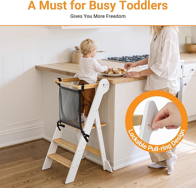 COSYLAND Foldable Toddler Kitchen Stool Helper - Height Adjustable Standing Tower for Bathroom Sink or Kitchen Counter - Step Stool for Toddlers Ages 18 Months to 6 Years White & Natural - Image 5