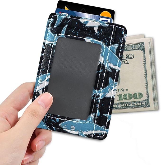 Front Pocket Minimalist Leather Slim Wallet Credit Card Holder Blue Shark for Men & Women - Image 4