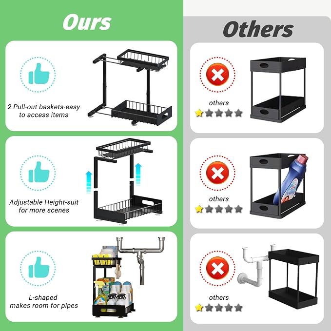 Adoymiro Under Sink Organizer, Adjustable Shelves, 2 Pack Pull Out Cabinet Organizer Slide Out Sink Shelf Cabinet Storage Shelves, Under Sink Storage for Kitchen Bathroom Cabinet - Image 5