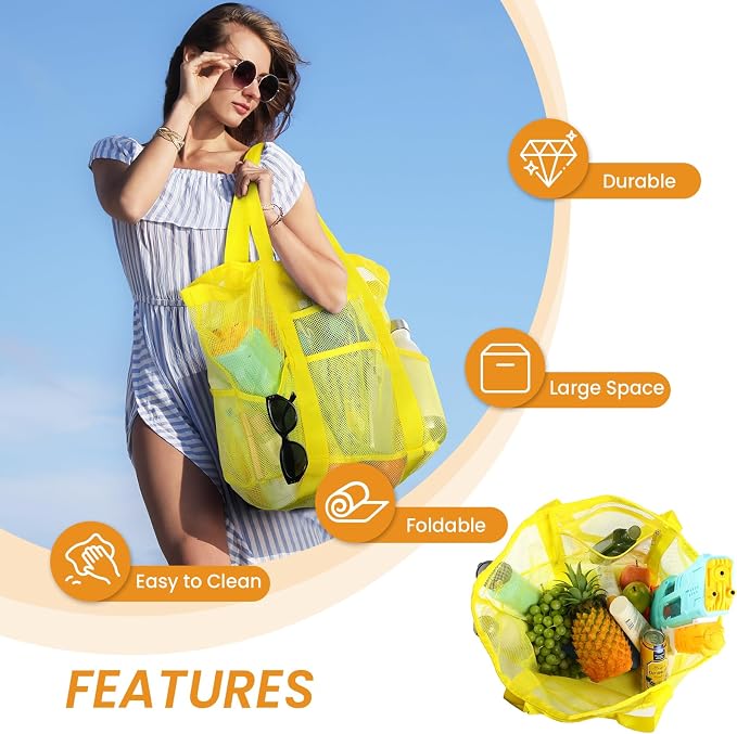 Tavaleu Mesh Beach Bag, Large Capacity Beach Tote, Multi Pockets, Sandproof | Mesh Material, Multiple Storage Pockets, Lightweight & Foldable Design, For Beach & Pool Use, Easy to Clean & Quick Dry - Image 2