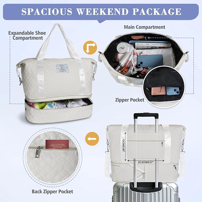 Geestock Travel Duffle Bag - Weekender Overnight Bags for Women, White | Travel Bag with Expandable Shoe Compartment & Trolley Sleeve, Lightweight Carry On Bag with Drawstring Storage Pouch for Trip - Image 8
