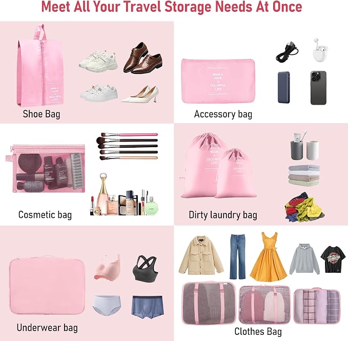Packing Cubes for Travel- 8 Set Luggage Organizer Bags for Family, Mesh Breathable Travel Packing Cubes for Suitcases Durable Travel Essentials Bags Set (Pink, 10 Set) - Image 3