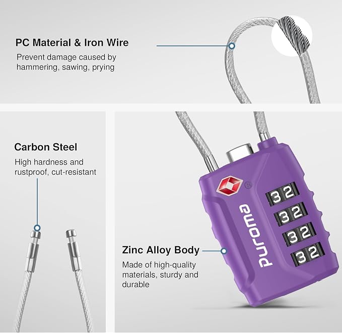 Puroma 2 TSA Approved Luggage Locks 4 Digit Code Cable Lock Purple Dark | Resettable, Flexible Cable, Zipper holes, Zinc Alloy, Bright Color, Large White Numbers, Suitcase Train Travel, laptop bag - Image 5