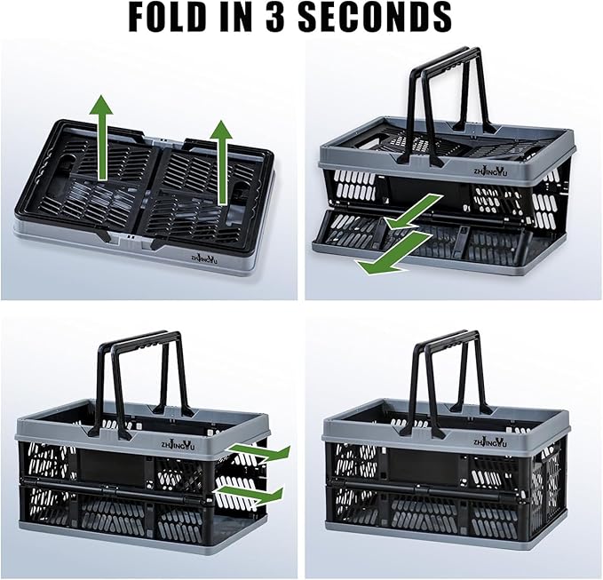 Foladable plastic baskets with handles 20L,collapsible crates for storage | 14.96"x9.84"x7.87" foldable shopping basket ,foldable crate with Handles for car Classroom Kitchen Bathroom Medicine Milk - Image 3