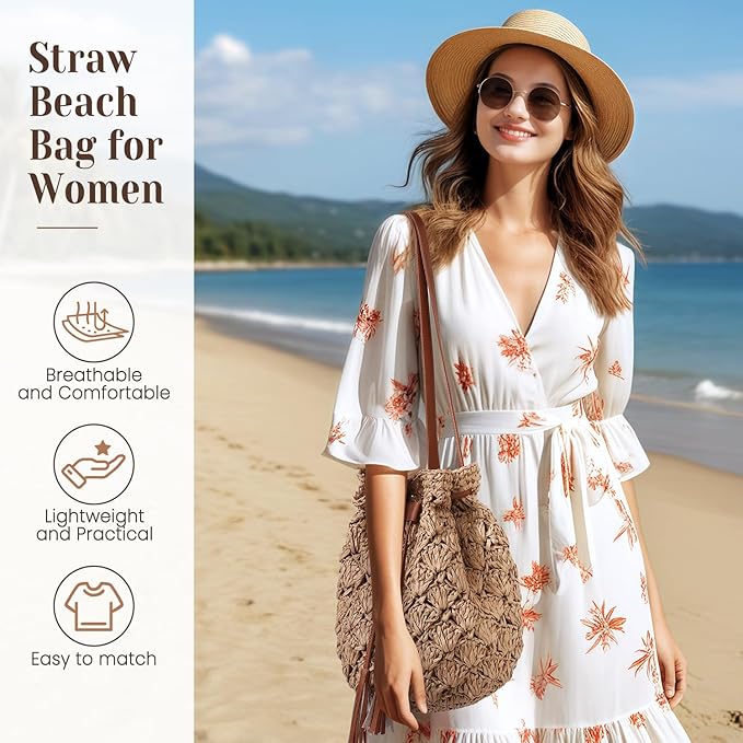Tavaleu Straw Beach Bags for Women Tote Handbag Shoulder Hobo Bucket Bag | Lightweight, Foldable, PU Straps, Magnetic Closure, Zip Pocket, Reinforced Bottom, Summer Purse, Travel, Vacation, Daily Use - Image 2