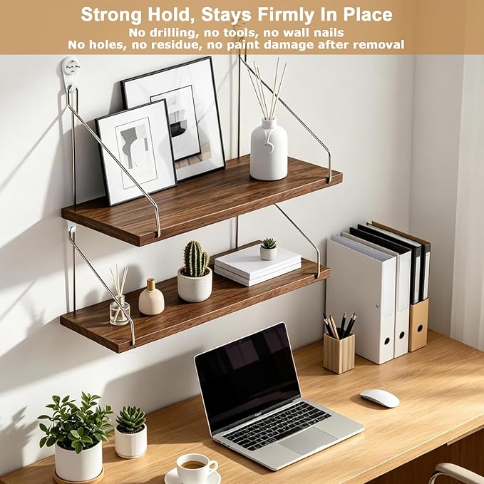 Renter Friendly Wall Shelves No Drill, 2 Pack Renter Friendly Hanging Shelves, Rustic Wood Wall Mounted Shelf for Tenant, Dormitory, Apartment, Office Worker - Image 3