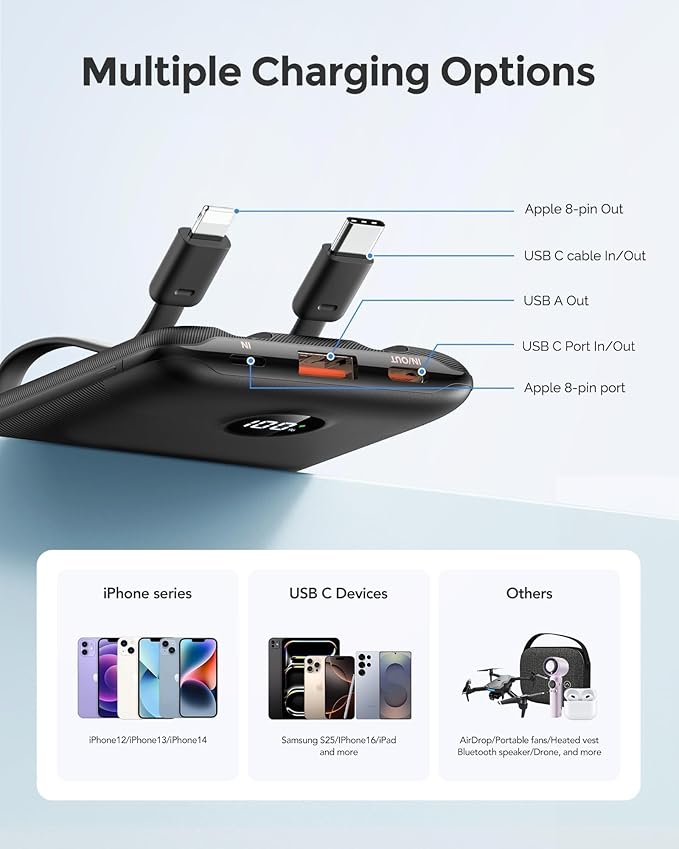 WeeFancy Compact Portable Charger 10000mAh with Built-in Cables | 22.5W Fast Charging Power Bank, Smaller Battery Pack for iPhone, Samsung, Android, Flight & Travel-Friendly, TSA-compliant - Image 6