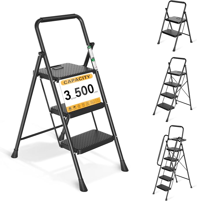 Arbusb Step Ladder, Folding Step Stool with Wide Anti-Slip Pedals, Sturdy Steel Ladder with Handrail, Space-Saving, Portable for Home & Adults, 3 Step Black by ArbusbHome