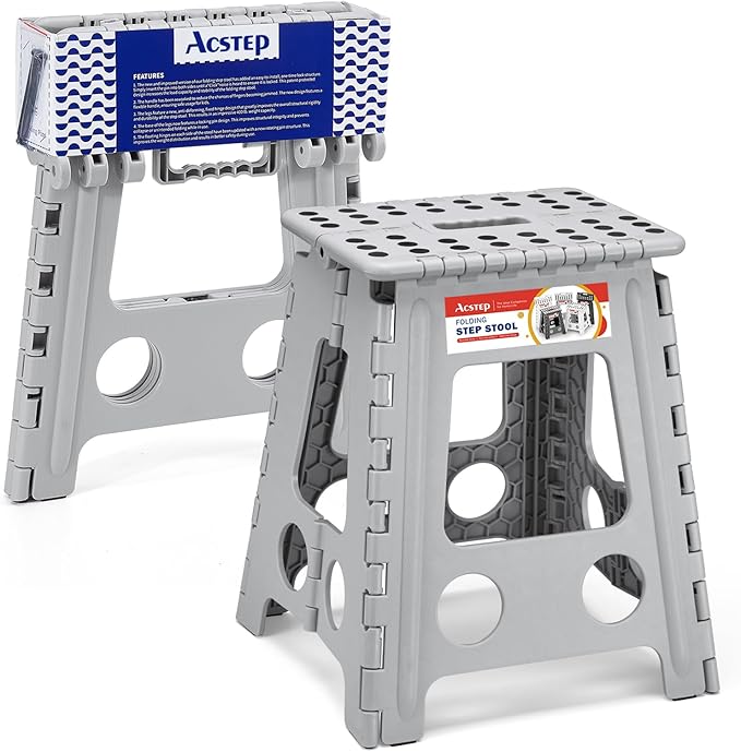 16 Inch Folding Step Stool, Heavy Duty, 400 lbs, Grey | Lightweight Collapsible Stepping Stool for Adults with Handle, Non-Slip, for Kitchen, Bathroom, Bedroom and Outdoor Use by ACSTEP