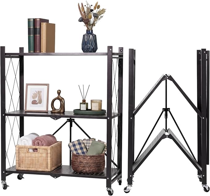 3-Tier Foldable Storage Shelf with Wheels – Heavy Duty 550 LBS Capacity, Collapsible Metal Steel Rolling Rack for Garage, Kitchen, Pantry, Office – Black by YeeJinHong