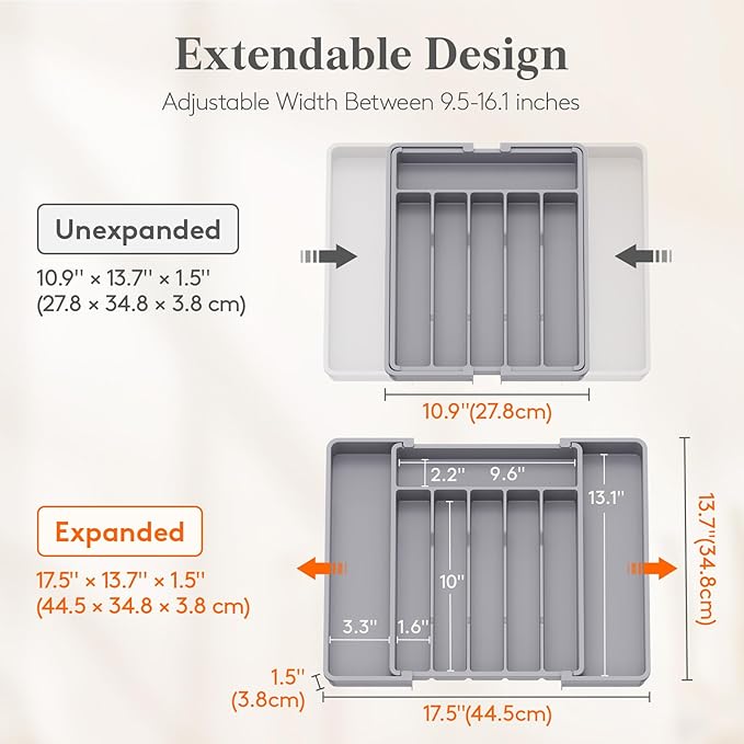Lifewit Expandable Silverware Drawer Organizer, Kitchen Utensil Tray | BPA-free Plastic Flatware Cutlery Holder, Space-Saving Storage for Spoons Forks Knives, 11-18 x 14 x 1.5“, Gray - Image 2