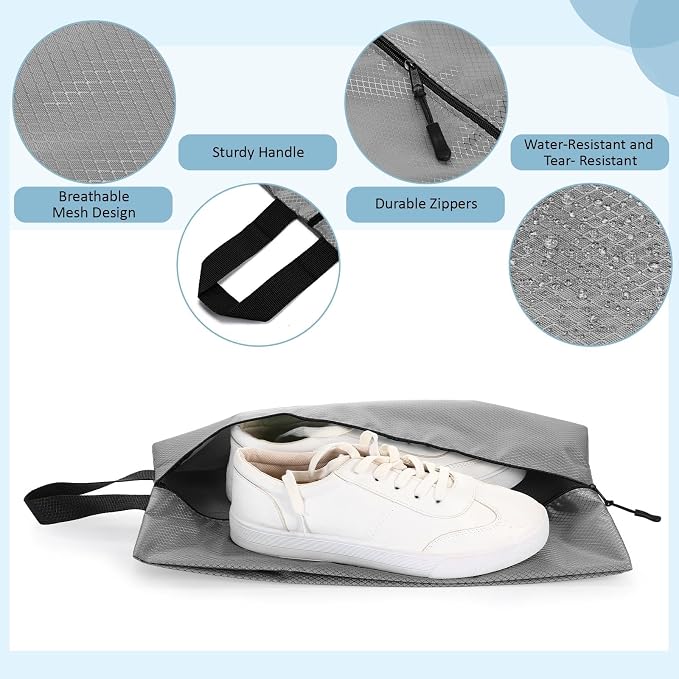 6 Pcs Travel Shoe Bags with Zipper Nylon Portable Waterproof Suitcase Shoe Organizer Packing for Golf(L,Gray) - Image 3