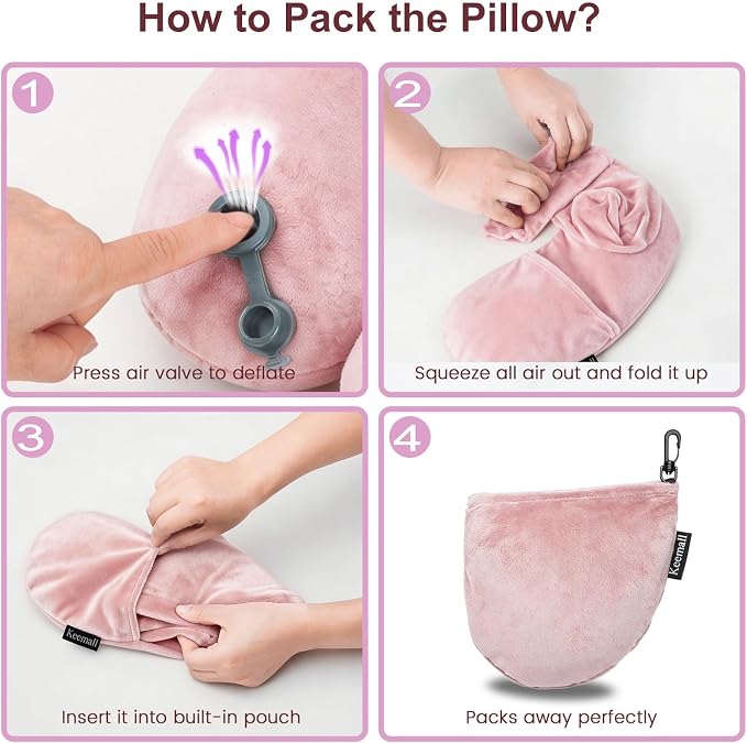 Keemall Inflatable Travel Neck & Shoulder Pillow for Airplanes&Long Trips | Soft Luxury Velvet Neck Support with Washable Cover, for Flights, Camping & Office, Great Travel Gift for Women & Girls, Pink - Image 9
