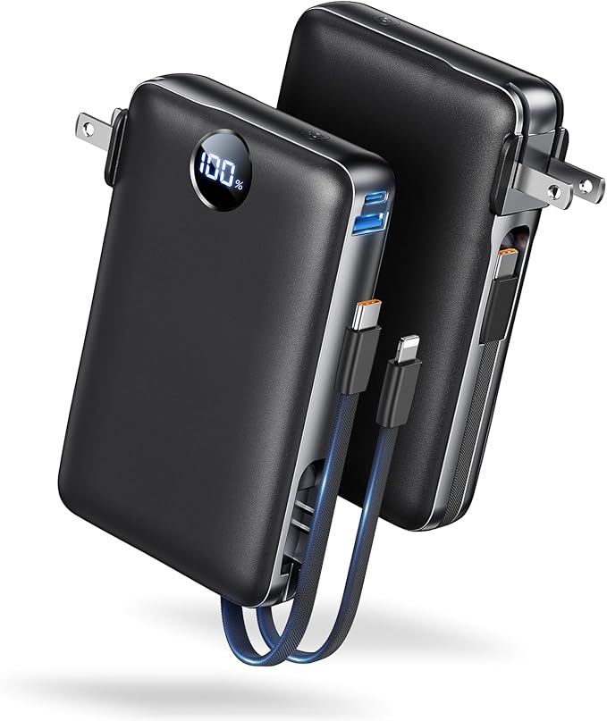 Portable Charger Power Bank 50000mAh Massive Capacity with Wall Plug Black | Built-in USB-C & iOS Cables, 22.5W Fast Charging Battery Pack with LED Display, Travel Essential for Camping, iPhone/Samsung by Sucrosey
