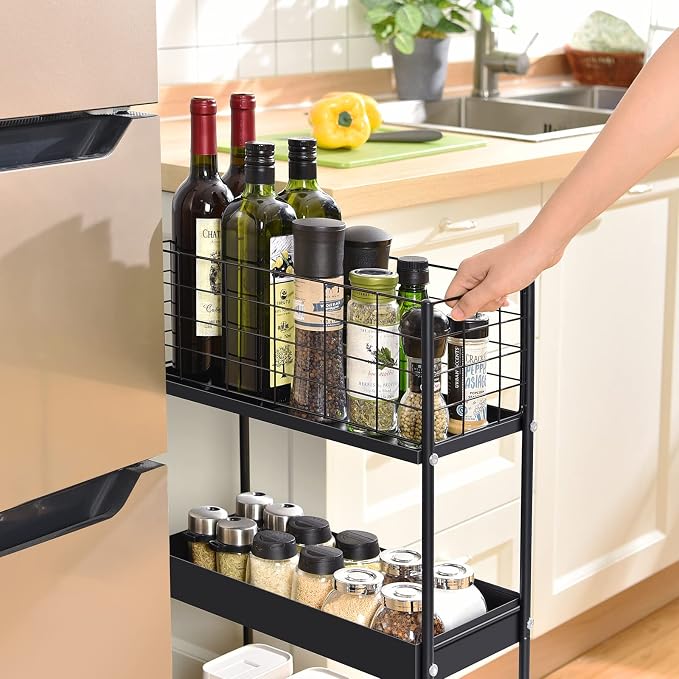 KINGRACK Slim Rolling Storage Cart 3 Tier - Heavy Duty Metal Utility Cart with Raised Edge & Wheels, Narrow Small Mobile Organizer Shelves for Bathroom, Kitchen, Laundry, Office, Living Room, Black - Image 2