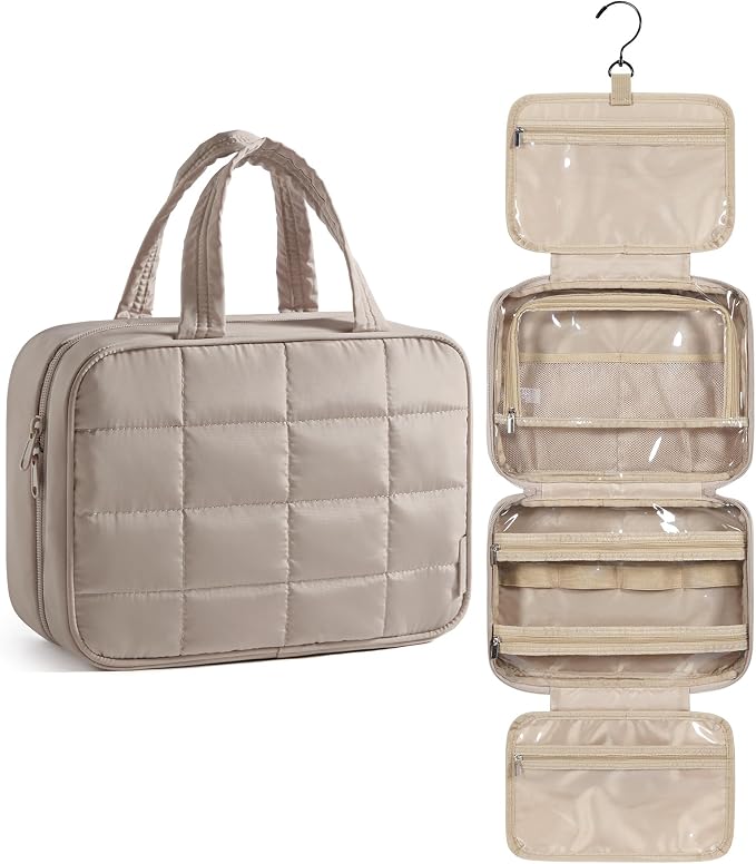 BAGSMART Travel Toiletry Bag for Womne, Hanging Travel Bag for Toiletries, Puffy Makeup Cosmetic Bag Organizer, Carry-on Travel Accessories Essentials, Camel by BAGSMART