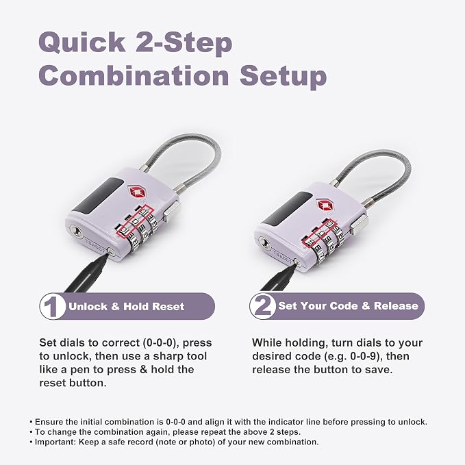 Combo TSA Locks for Luggage, Locker, Suitcase, Luggage Locks TSA Approved, Small Combination Padlock with Cable for Gym Locker, Gun Case, Backpack Bag Zipper, Storage Box, Travel Safe - Image 6