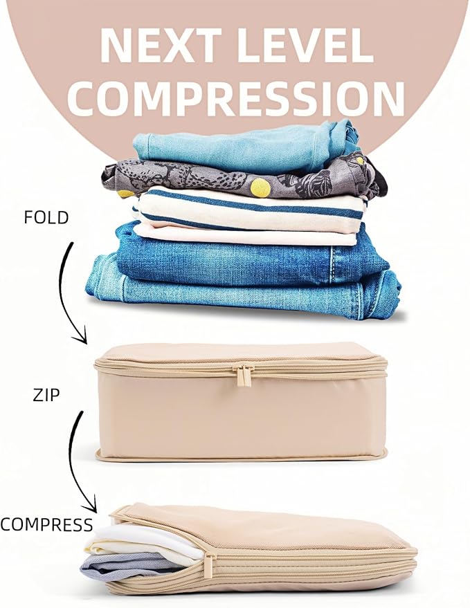 6 Set Compression Packing Cubes for 7–14 Day Travel, Mist Khaki | Nylon Oxford Fabric, Full Breathable Mesh, Reinforced Double-Zipper, Small to Large Size Bag, Expandable Packing System - Image 2