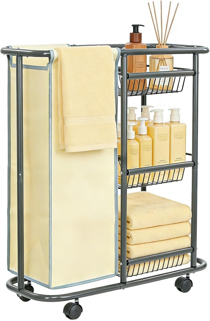 Narrow Laundry Cart with Wheels, 3 Baskets and 45L Laundry Bag | Metal Rolling Cart for Small Space, Laundry Room Organization and Storage, for Bathroom Living Room Apartment Dorm by Doxbom