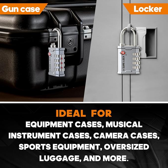 SURE LOCK TSA Accepted 4 Dig Heavy Duty Big Combination Luggage Padlock All Metal Travel Lock for Equipment Hard Case Luggage Gun Case Gym Locker Pelican Vault Lock (1, Silver) - Image 6